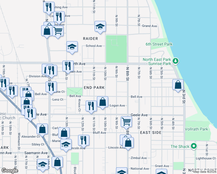 map of restaurants, bars, coffee shops, grocery stores, and more near 2433 North 10th Street in Sheboygan