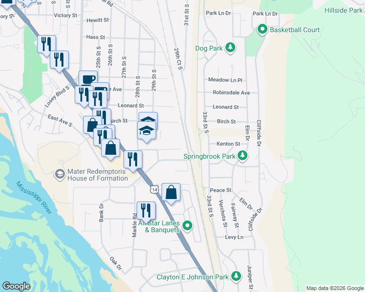 map of restaurants, bars, coffee shops, grocery stores, and more near 2955 Mesa Grande Pl in La Crosse