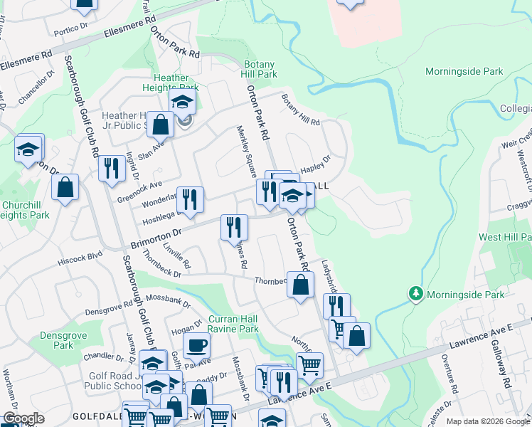 map of restaurants, bars, coffee shops, grocery stores, and more near 952 Brimorton Drive in Toronto