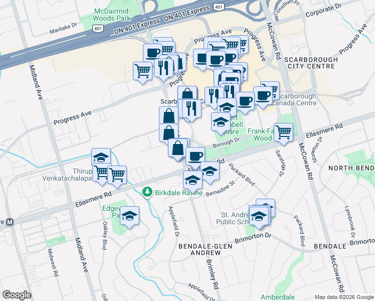 map of restaurants, bars, coffee shops, grocery stores, and more near 117 Omni Drive in Toronto