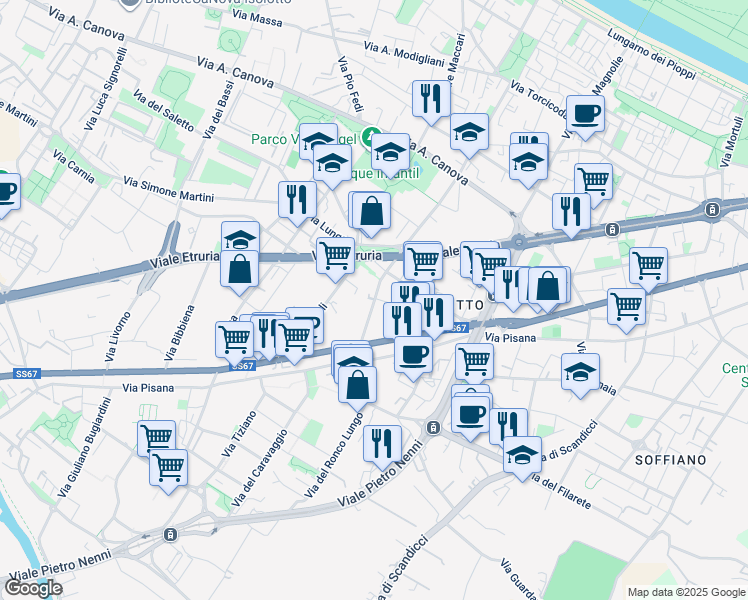 map of restaurants, bars, coffee shops, grocery stores, and more near 16 Via di San Quirico in Florence
