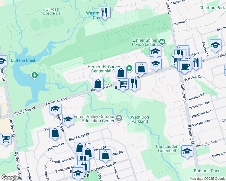 map of restaurants, bars, coffee shops, grocery stores, and more near 605 Finch Avenue West in Toronto
