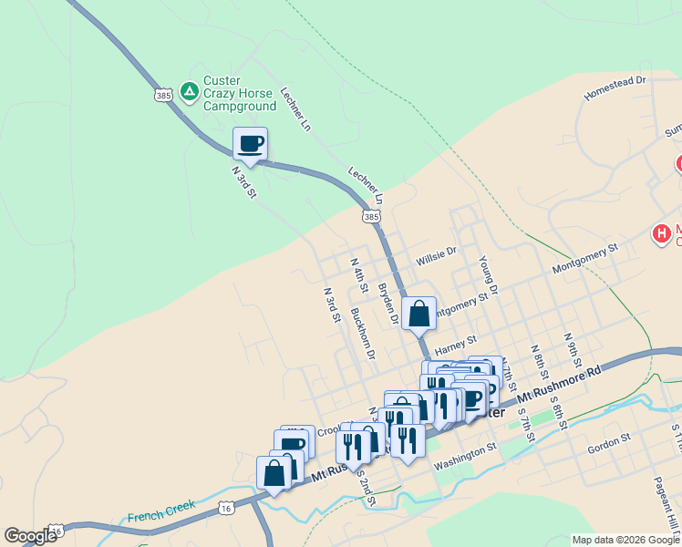map of restaurants, bars, coffee shops, grocery stores, and more near 350 Clay Street in Custer