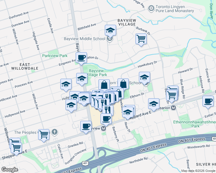 map of restaurants, bars, coffee shops, grocery stores, and more near in Toronto
