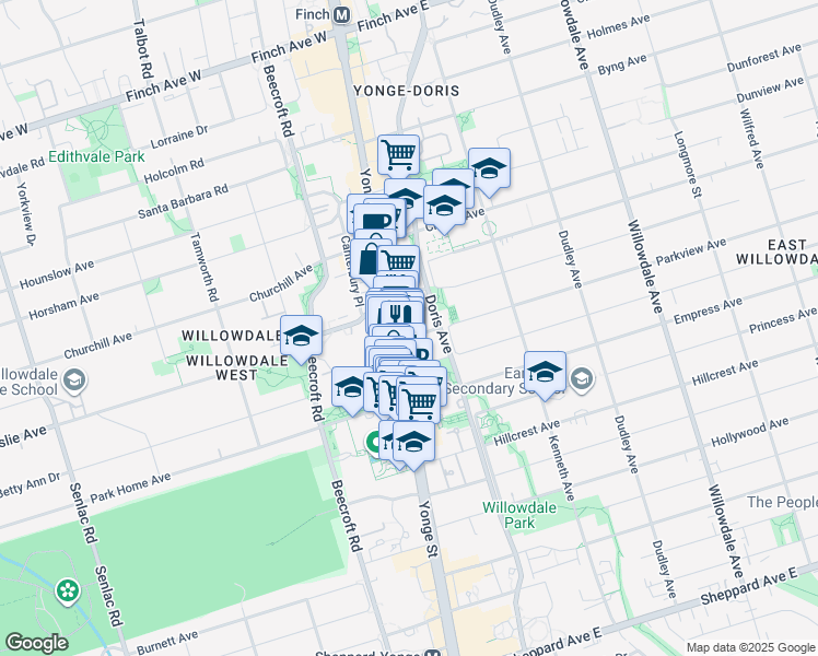 map of restaurants, bars, coffee shops, grocery stores, and more near 18 Parkview Avenue in Toronto
