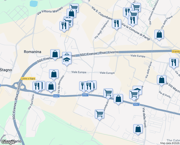 map of restaurants, bars, coffee shops, grocery stores, and more near 3 Viale Europa in Scandicci