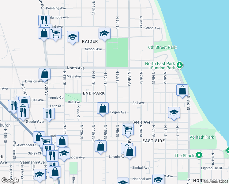 map of restaurants, bars, coffee shops, grocery stores, and more near 2433 North 10th Street in Sheboygan