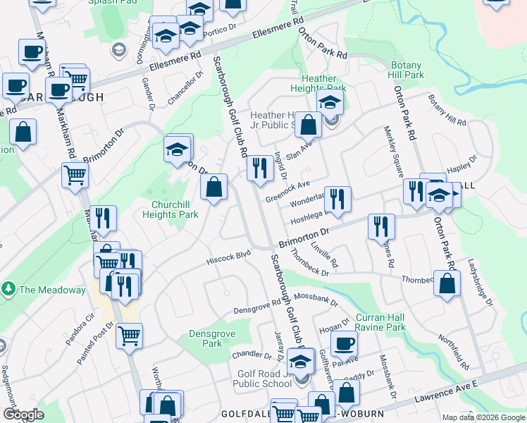 map of restaurants, bars, coffee shops, grocery stores, and more near 867 Scarborough Golf Club Road in Toronto