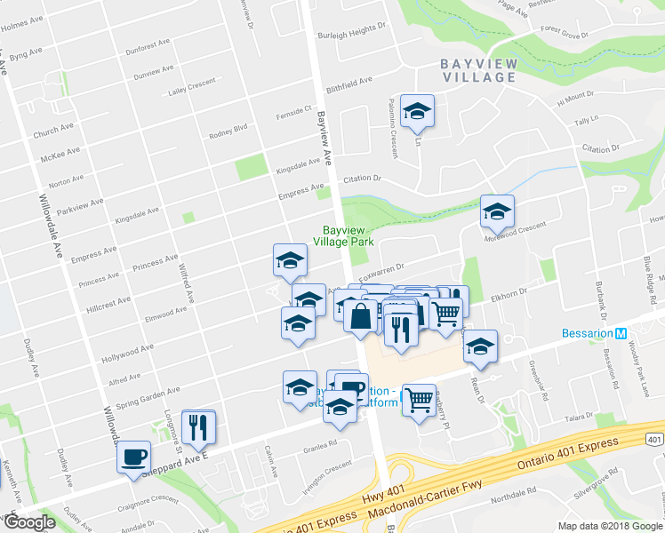 map of restaurants, bars, coffee shops, grocery stores, and more near 347 Elmwood Avenue in Toronto