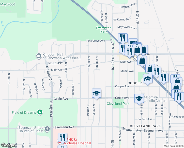 map of restaurants, bars, coffee shops, grocery stores, and more near 2422 North 27th Place in Sheboygan