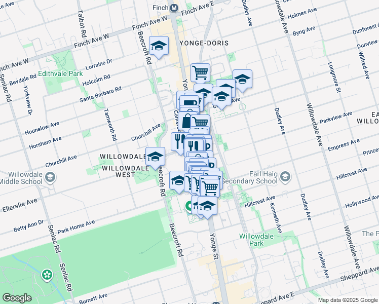 map of restaurants, bars, coffee shops, grocery stores, and more near 5220 Yonge Street in Toronto