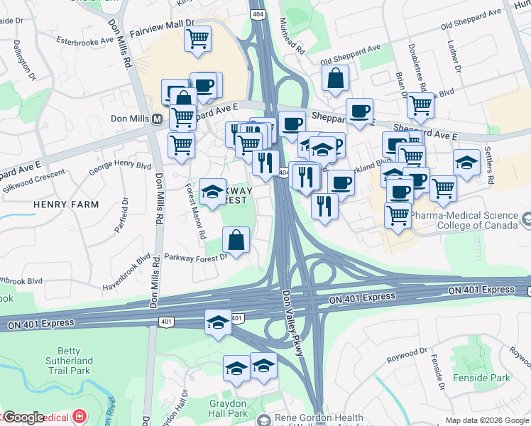 map of restaurants, bars, coffee shops, grocery stores, and more near 12 Capella Starway in Toronto