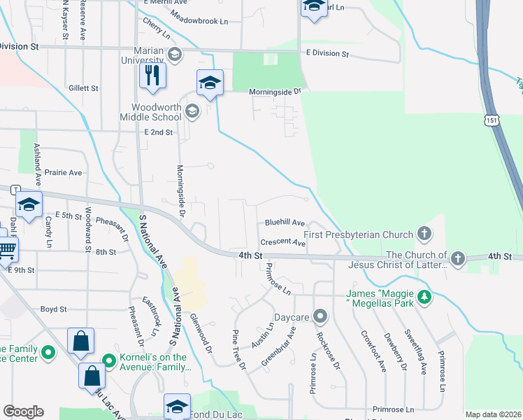 map of restaurants, bars, coffee shops, grocery stores, and more near 966 Springs Road in Fond du Lac