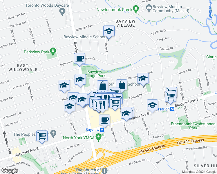 map of restaurants, bars, coffee shops, grocery stores, and more near 39 Foxwarren Drive in Toronto