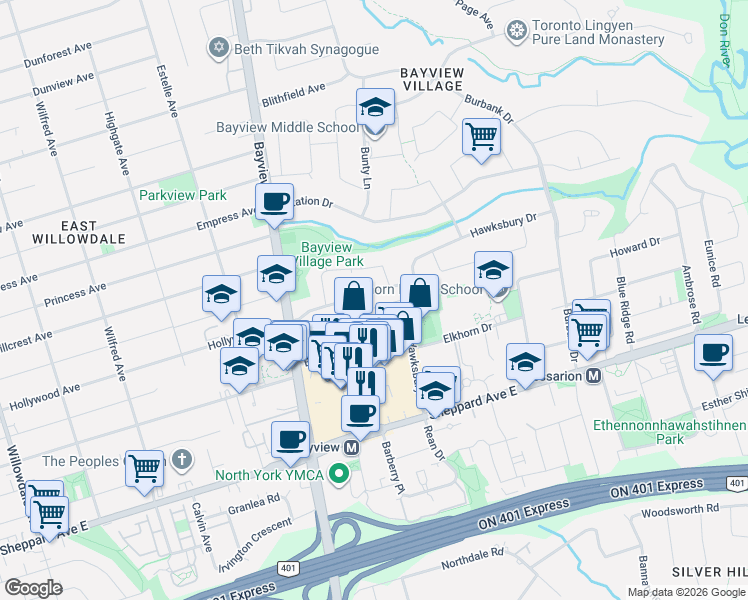 map of restaurants, bars, coffee shops, grocery stores, and more near 39 Foxwarren Drive in Toronto