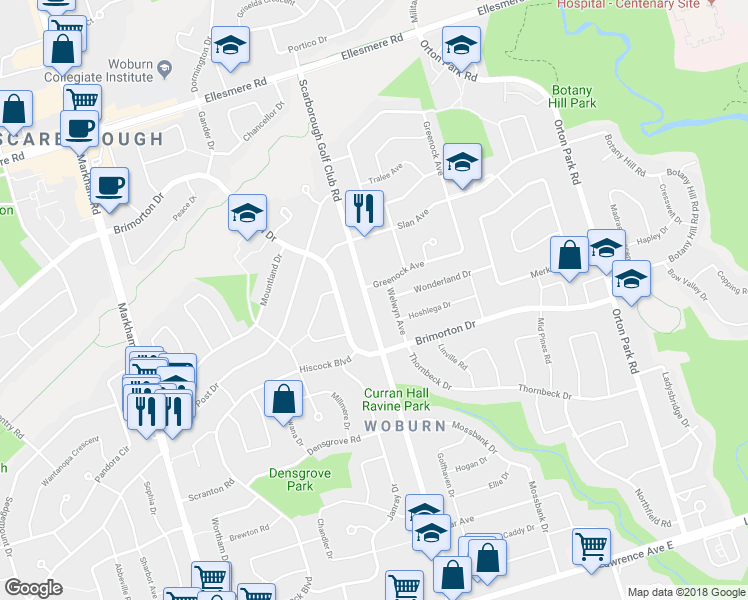 map of restaurants, bars, coffee shops, grocery stores, and more near 867 Scarborough Golf Club Road in Toronto