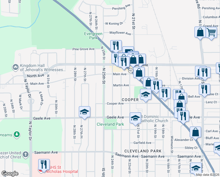 map of restaurants, bars, coffee shops, grocery stores, and more near 2430 North 24th Street in Sheboygan