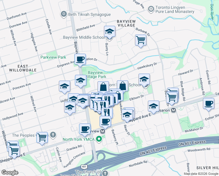 map of restaurants, bars, coffee shops, grocery stores, and more near 39 Foxwarren Drive in Toronto