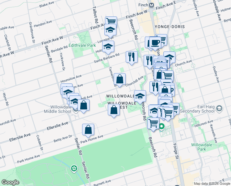map of restaurants, bars, coffee shops, grocery stores, and more near 78 Tamworth Road in Toronto