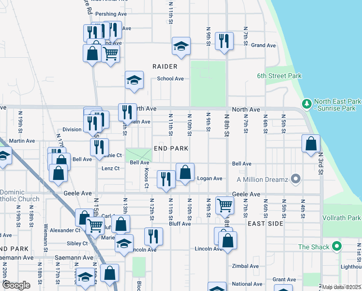 map of restaurants, bars, coffee shops, grocery stores, and more near 1018 Los Angeles Avenue in Sheboygan