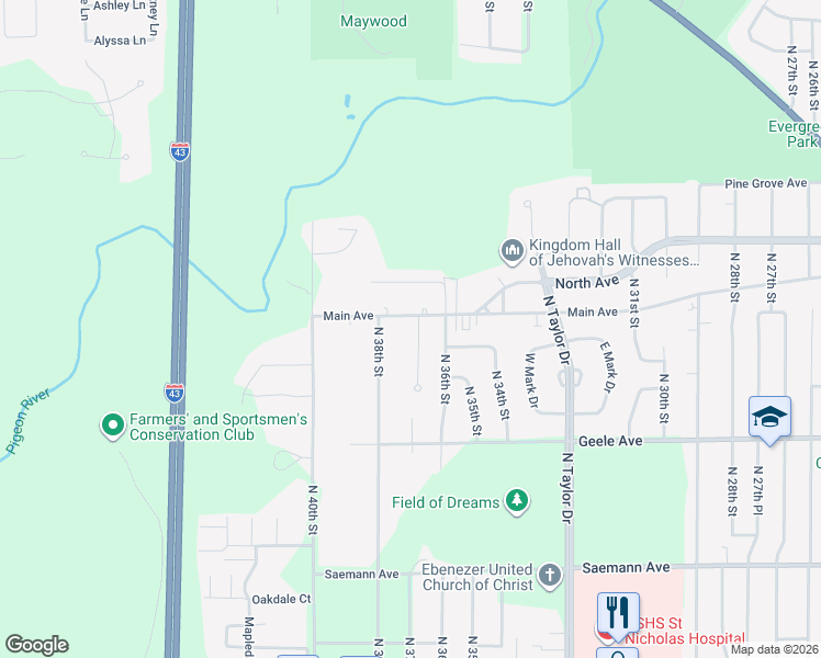 map of restaurants, bars, coffee shops, grocery stores, and more near 2514 N 36th Pl in Sheboygan