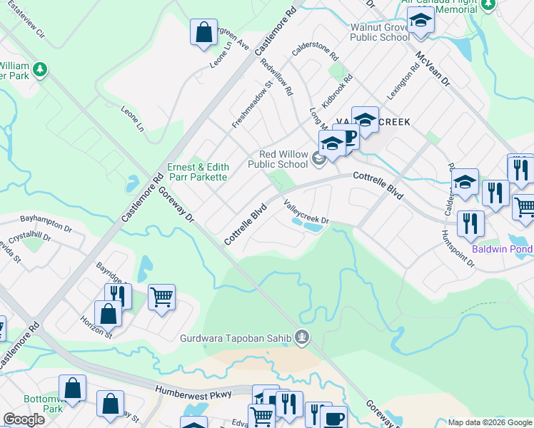 map of restaurants, bars, coffee shops, grocery stores, and more near 12 Highvalley Circle in Brampton