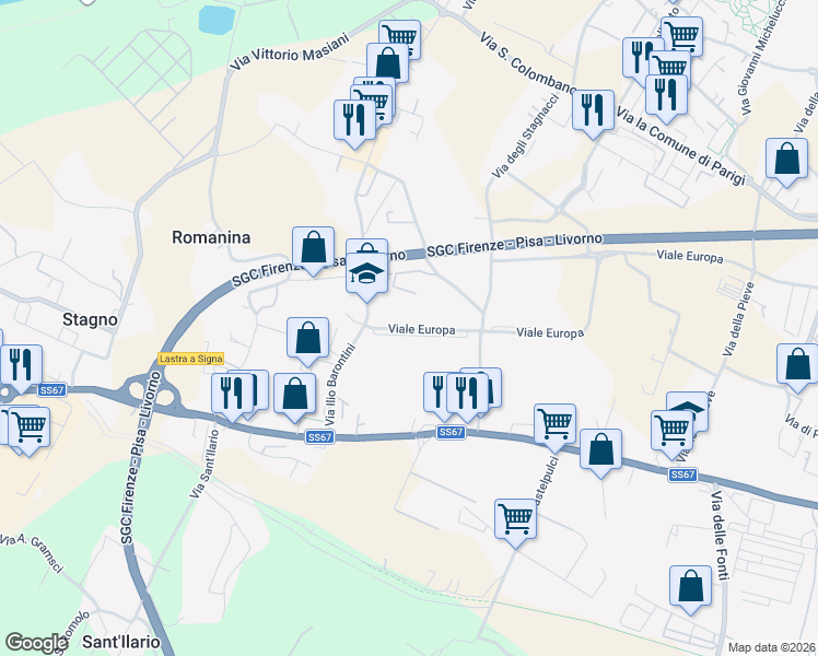 map of restaurants, bars, coffee shops, grocery stores, and more near 3 Viale Europa in Scandicci