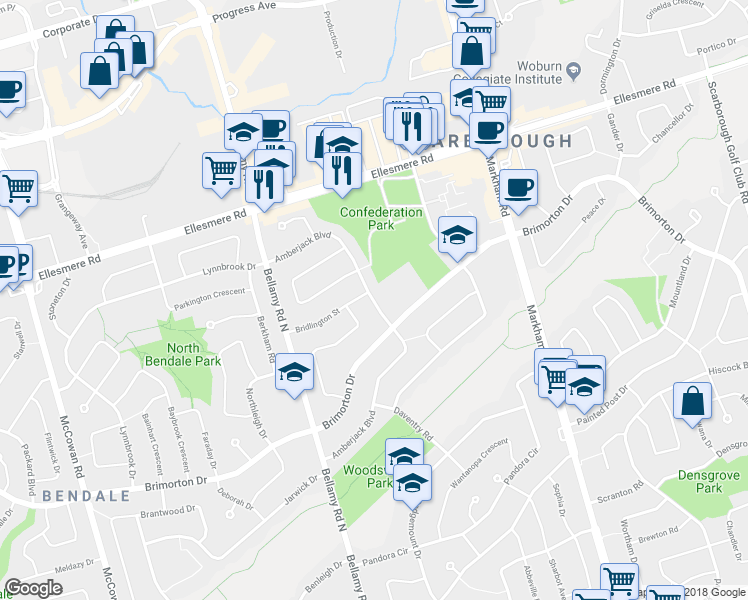 map of restaurants, bars, coffee shops, grocery stores, and more near 89 Amberjack Boulevard in Toronto