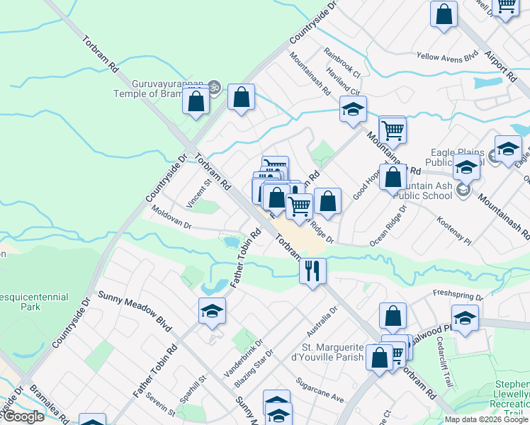 map of restaurants, bars, coffee shops, grocery stores, and more near 140 Father Tobin Road in Brampton