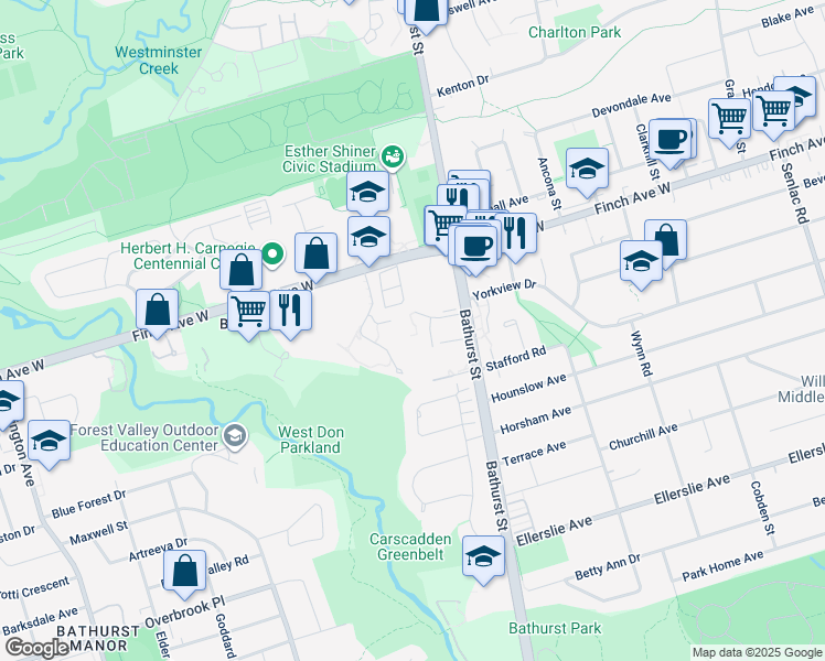 map of restaurants, bars, coffee shops, grocery stores, and more near 531 Finch Avenue West in Toronto