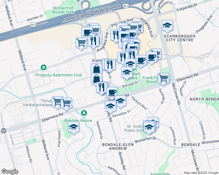 map of restaurants, bars, coffee shops, grocery stores, and more near 119 Omni Drive in Toronto