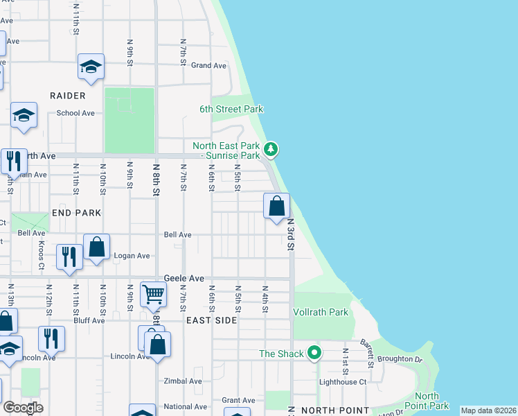 map of restaurants, bars, coffee shops, grocery stores, and more near 406 Clifton Ave in Sheboygan