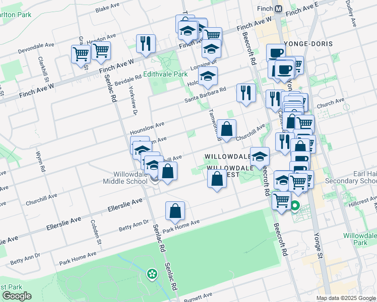map of restaurants, bars, coffee shops, grocery stores, and more near 18 Abbotsford Road in Toronto