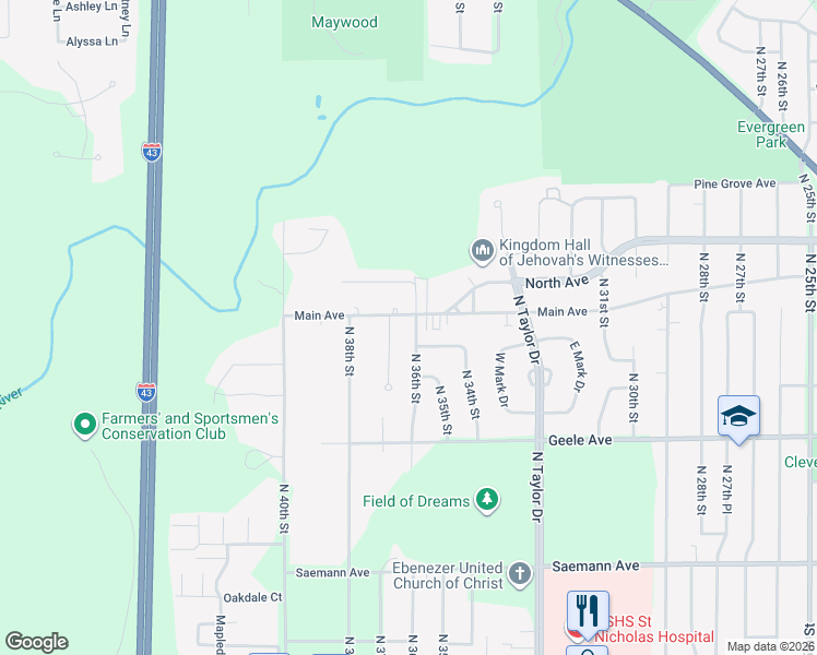 map of restaurants, bars, coffee shops, grocery stores, and more near 2518 North 36th Street in Sheboygan
