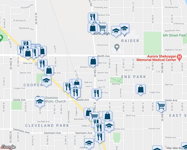 map of restaurants, bars, coffee shops, grocery stores, and more near 2506 North 15th Street in Sheboygan