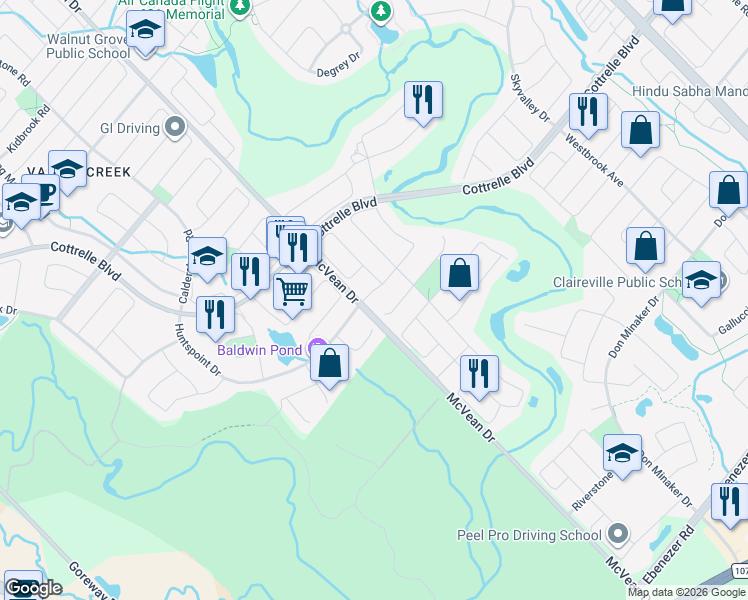 map of restaurants, bars, coffee shops, grocery stores, and more near 1 Islington Drive in Brampton
