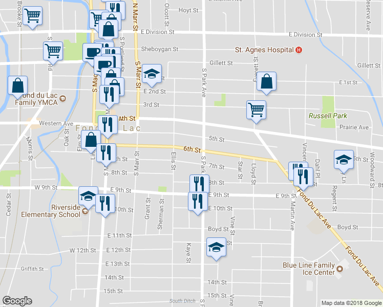 map of restaurants, bars, coffee shops, grocery stores, and more near 182 6th Street in Fond du Lac