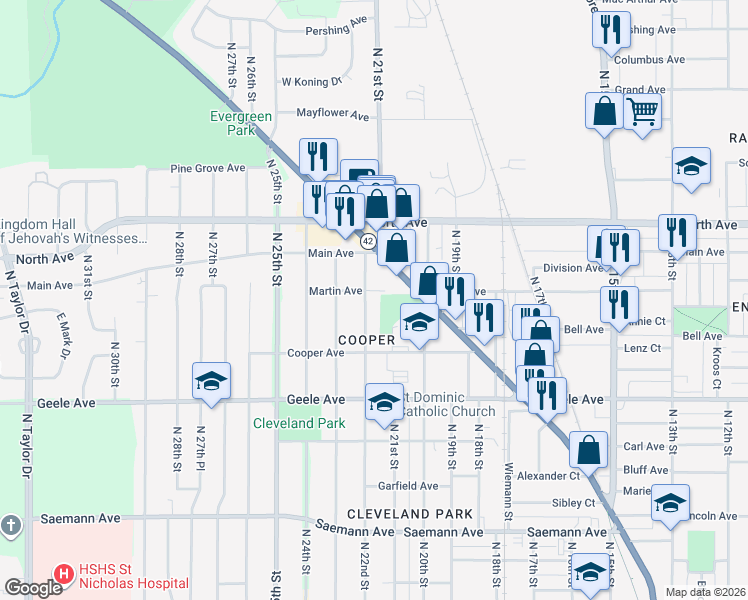 map of restaurants, bars, coffee shops, grocery stores, and more near 2433 N 22nd St in Sheboygan