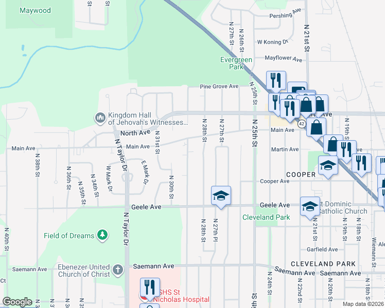 map of restaurants, bars, coffee shops, grocery stores, and more near 2425 N 29th St in Sheboygan