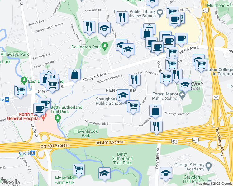 map of restaurants, bars, coffee shops, grocery stores, and more near 50 George Henry Boulevard in Toronto