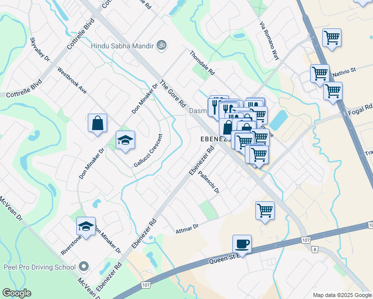 map of restaurants, bars, coffee shops, grocery stores, and more near Gallview Lane in Brampton