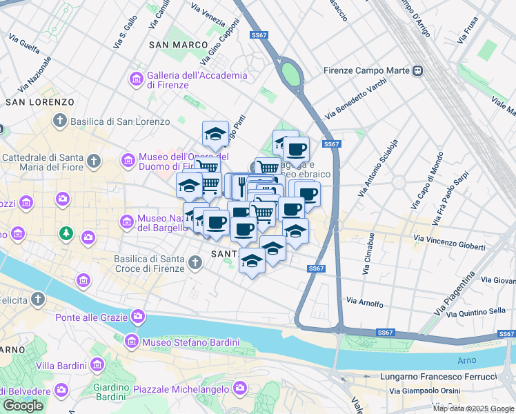 map of restaurants, bars, coffee shops, grocery stores, and more near 1 Piazza Sant'Ambrogio in Firenze
