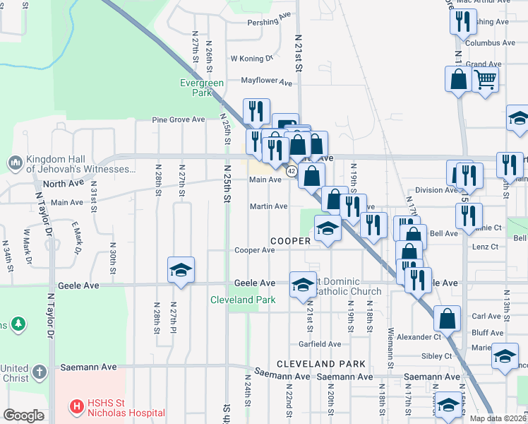 map of restaurants, bars, coffee shops, grocery stores, and more near 2434 North 23rd Street in Sheboygan