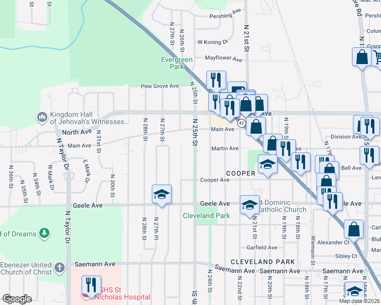 map of restaurants, bars, coffee shops, grocery stores, and more near 2432 N 25th St in Sheboygan