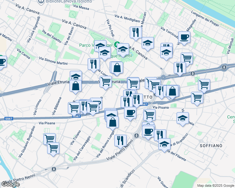 map of restaurants, bars, coffee shops, grocery stores, and more near 16 Via di San Quirico in Florence