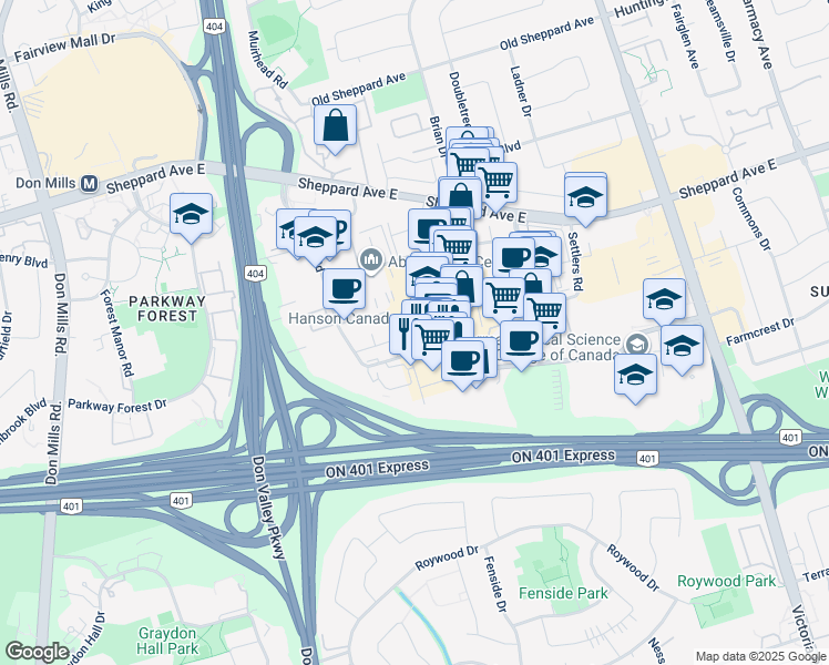 map of restaurants, bars, coffee shops, grocery stores, and more near 211 Consumers Road in Toronto