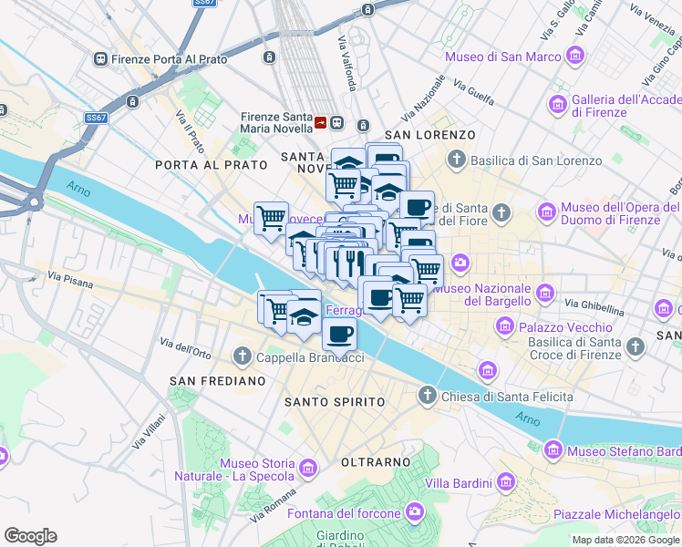 map of restaurants, bars, coffee shops, grocery stores, and more near 23 Via del Moro in Firenze
