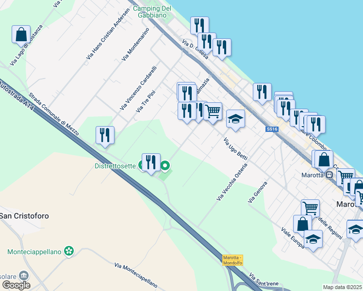 map of restaurants, bars, coffee shops, grocery stores, and more near 20 Via Arturo Martini in Provincia di Pesaro e Urbino