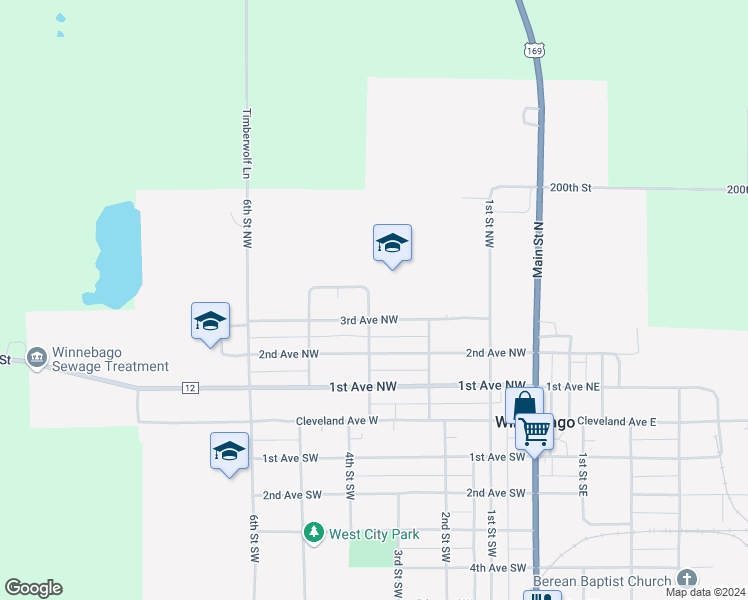 map of restaurants, bars, coffee shops, grocery stores, and more near 324 4th Street Northwest in Winnebago