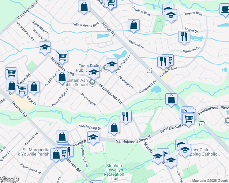 map of restaurants, bars, coffee shops, grocery stores, and more near 20 Mountain Gorge Road in Brampton
